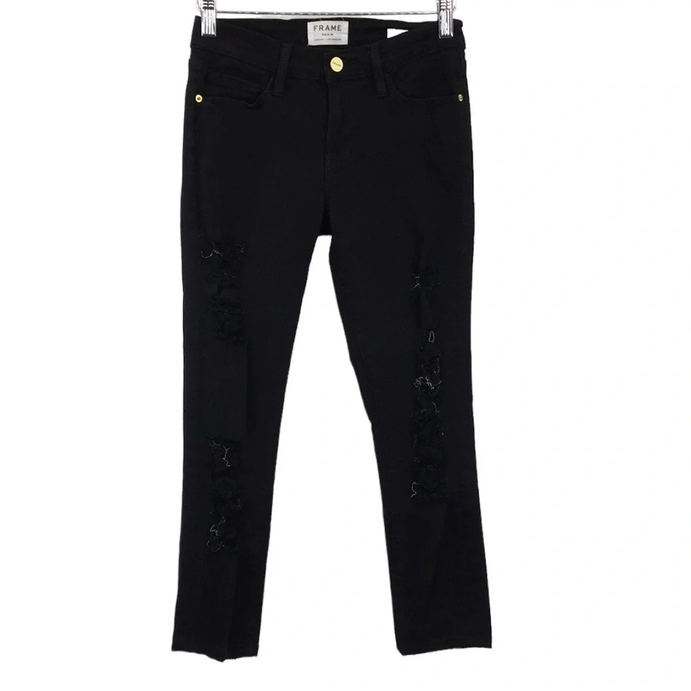 Frame Denim Le Skinny De Jeanne Womens 24 Film Black Distressed